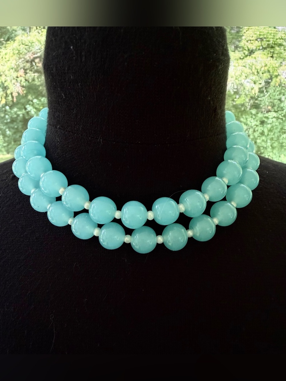 KEP Designs Double Strand Blue Beads CHOKER Necklace Rhinestone Screw Clasp